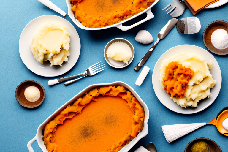 Two separate dishes of mashed potatoes and sweet potato casserole