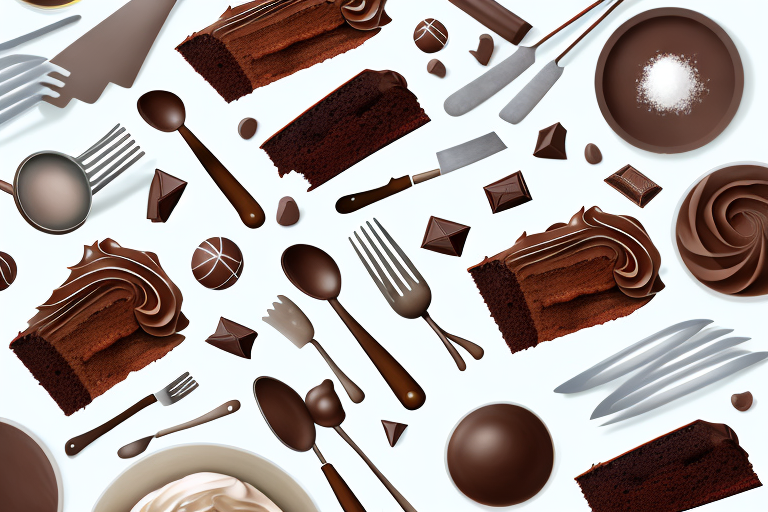 A 1940s-style chocolate cake with ingredients and utensils