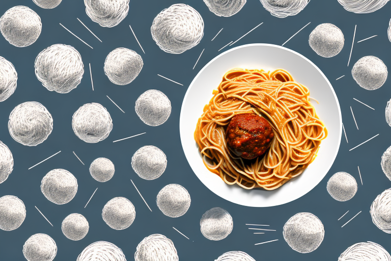 A bowl of spaghetti and meatballs with a 1930s-style background