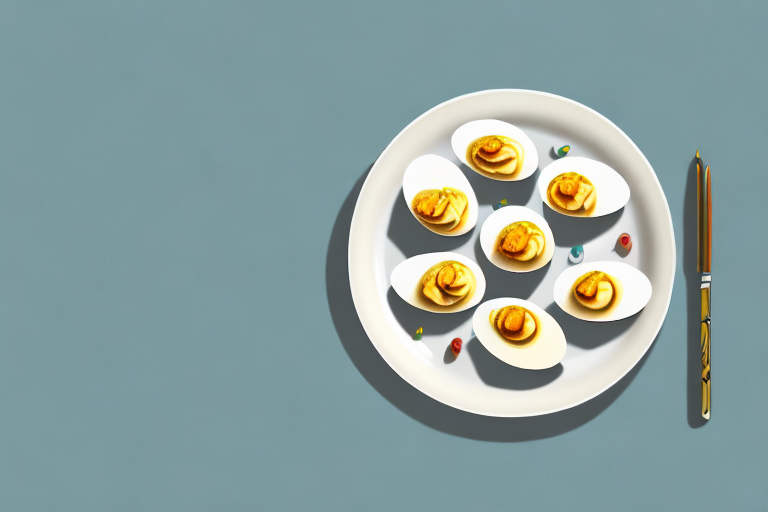 A plate of deviled eggs with a vintage 1960s look