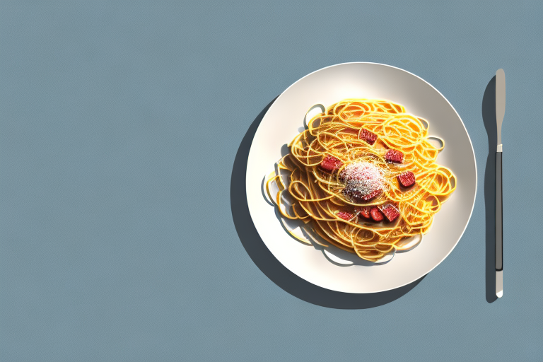 A plate of spaghetti carbonara with a vintage 1990s feel