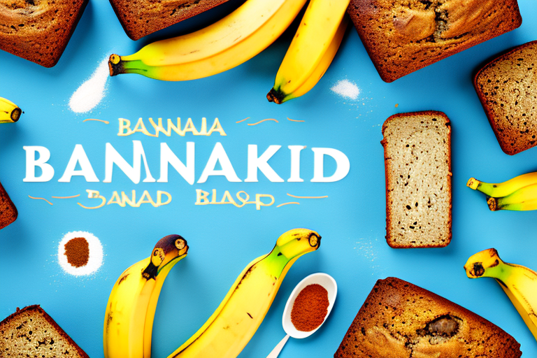 A vintage-style banana bread with the ingredients laid out around it