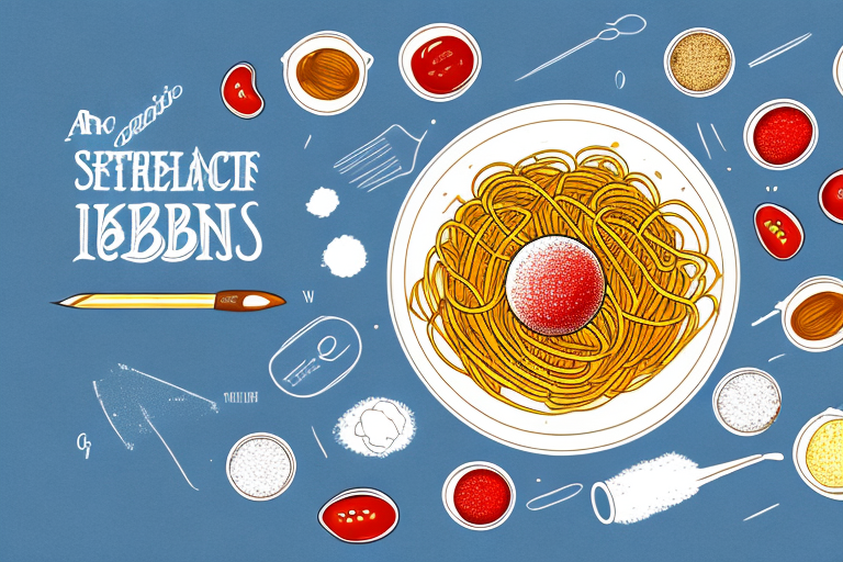 A bowl of vintage spaghetti and meatballs with various ingredients around it
