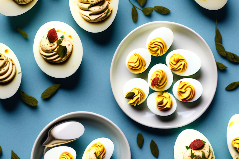 A plate of deviled eggs with vintage-style garnishes