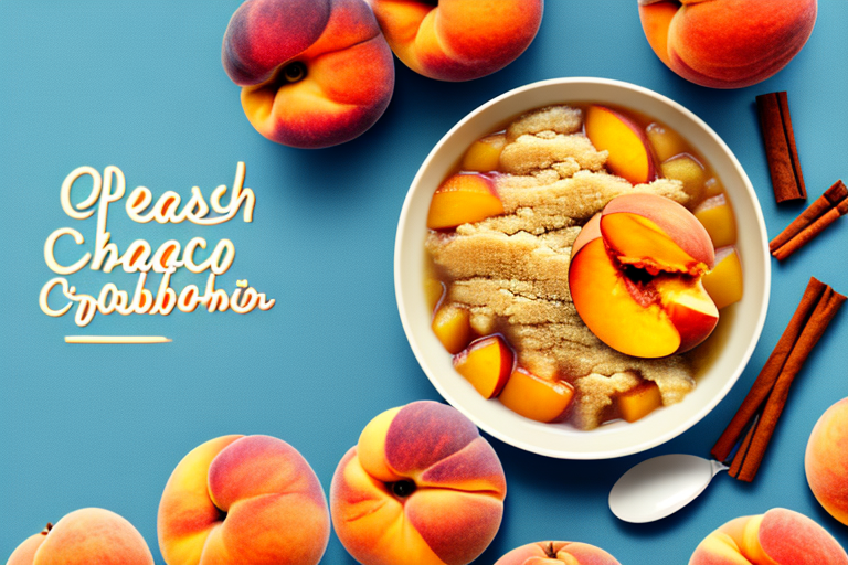A bowl of vintage peach cobbler with fresh peaches