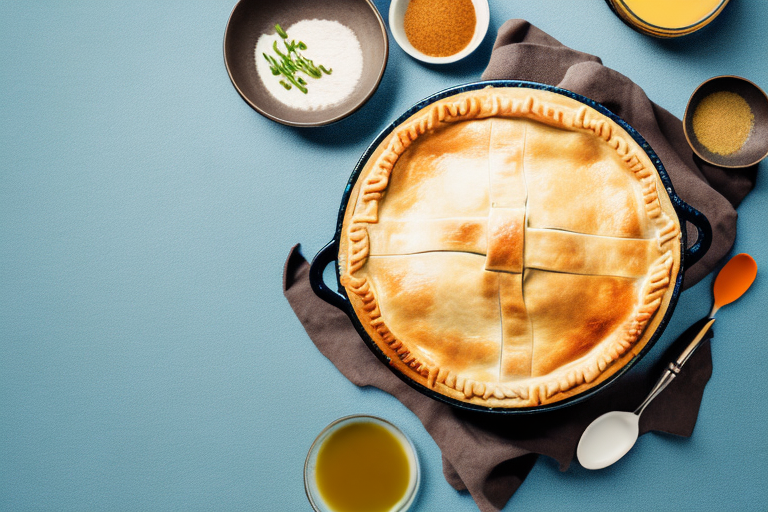 A vintage-style chicken pot pie with the ingredients laid out around it