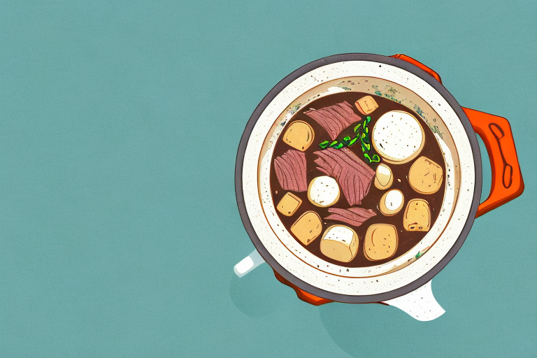 A pot of beef stew with vintage and modern ingredients