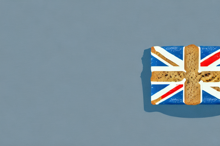 A loaf of banana bread with a british flag draped over it