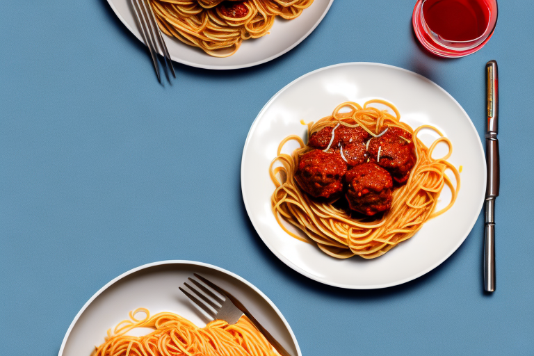 A plate of spaghetti and meatballs with an italian flag in the background