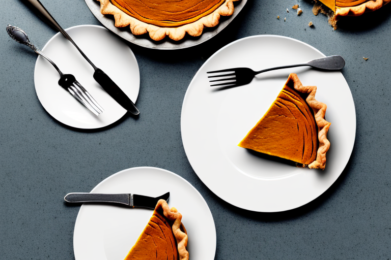 A traditional pumpkin pie with a slice cut out
