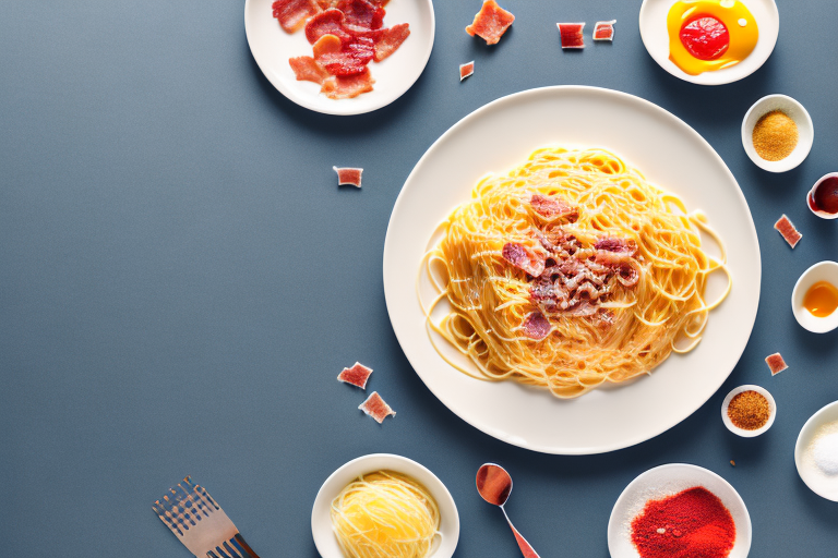 A plate of spaghetti carbonara with ingredients