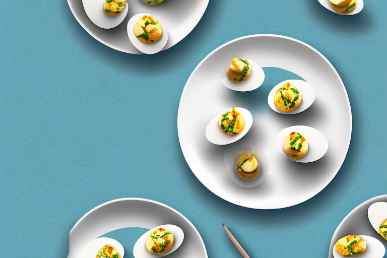 A plate of deviled eggs with a coastal backdrop