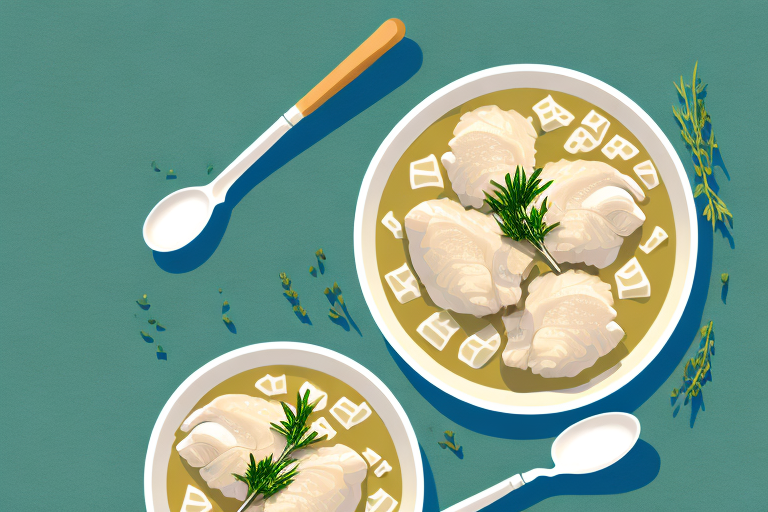A bowl of chicken and dumplings with a spoon and a few herbs scattered around it