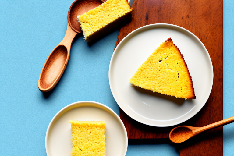 A bowl of freshly-baked cornbread with a wooden spoon resting on top