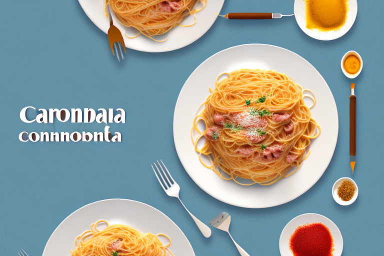 A plate of spaghetti carbonara with ingredients and a background of the city of rome