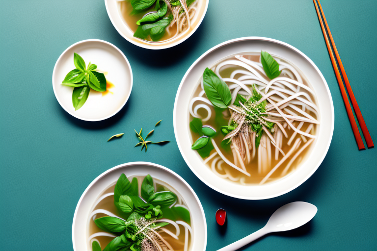 A bowl of steaming vietnamese pho with herbs and spices