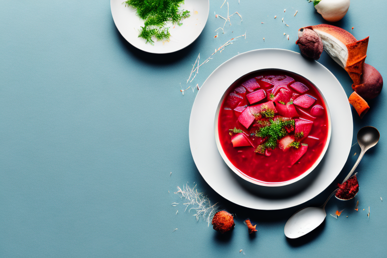 A bowl of borscht with traditional russian ingredients