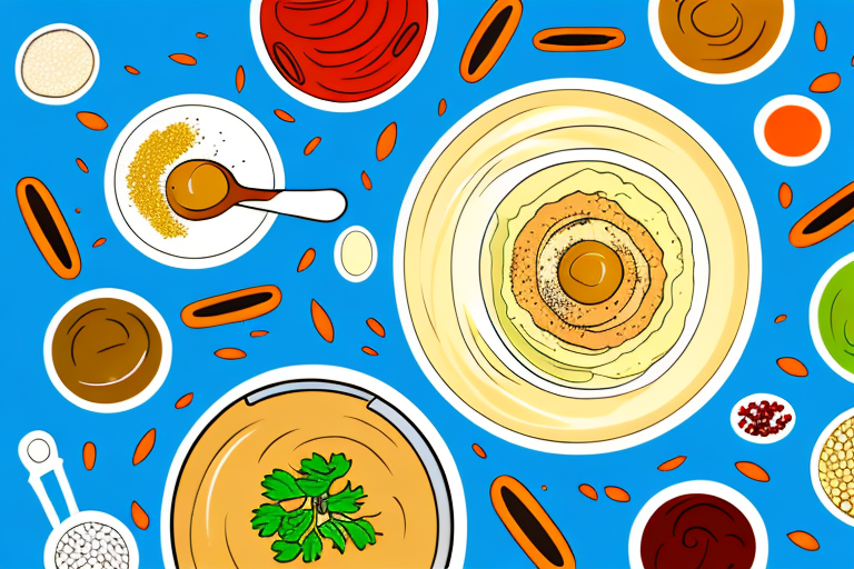 A bowl of hummus with a variety of middle eastern ingredients and condiments arranged around it