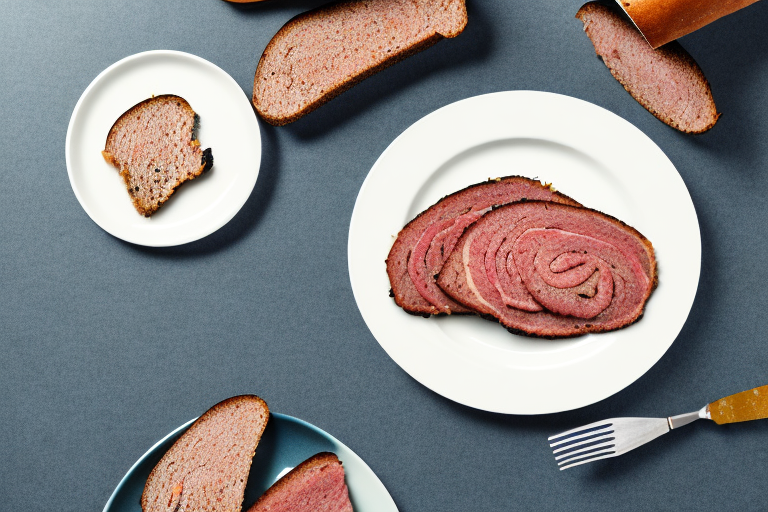 A plate of homemade pastrami with a side of rye bread and mustard
