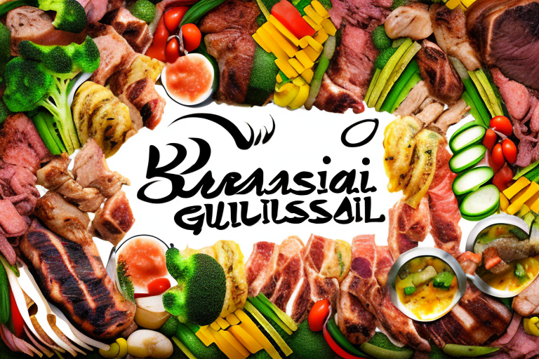 A brazilian churrasco grill with a variety of meats and vegetables cooking over the open flame