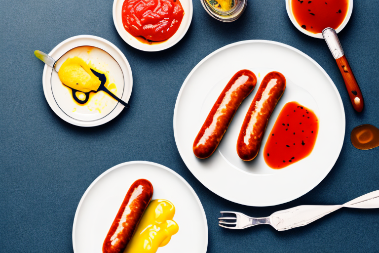 A plate of traditional german bratwurst with accompanying condiments