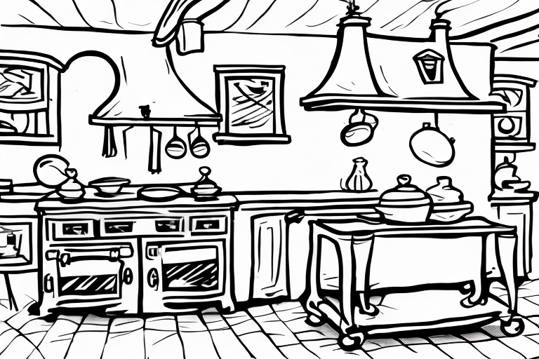 A traditional french kitchen with a pot of coq au vin on the stove