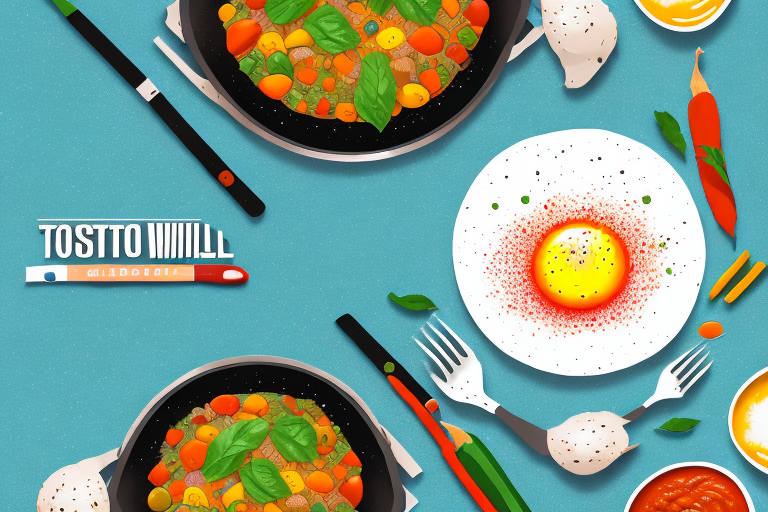 A skillet with a colorful mix of vegetables and eggs cooked in a tomato sauce