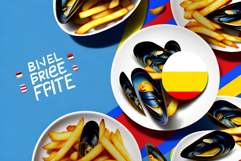 A bowl of steaming moules frites with a belgian flag in the background