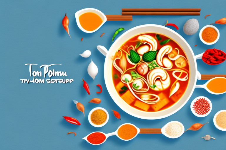 A bowl of tom yum soup with ingredients and spices
