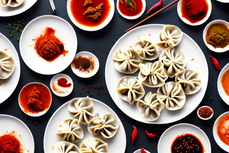 A plate of steaming momos with traditional nepalese spices and condiments