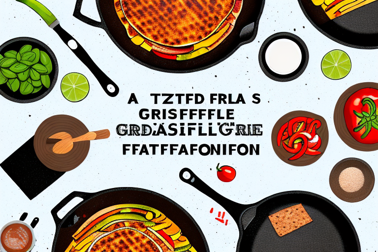 A cast iron griddle with ingredients for fajitas cooking on it