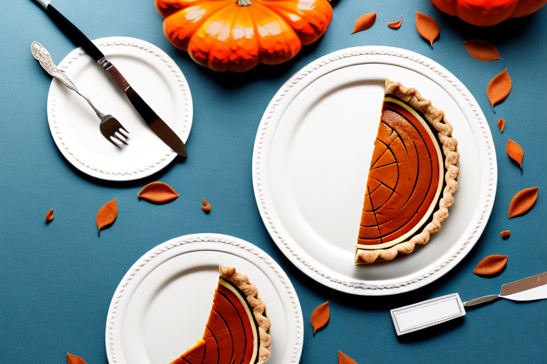 A pumpkin pie in a pie plate with a slice cut out