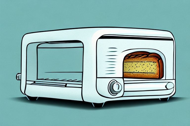 A toaster oven with a slice of garlic bread inside