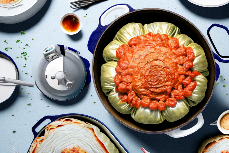 A dutch oven filled with stuffed cabbage