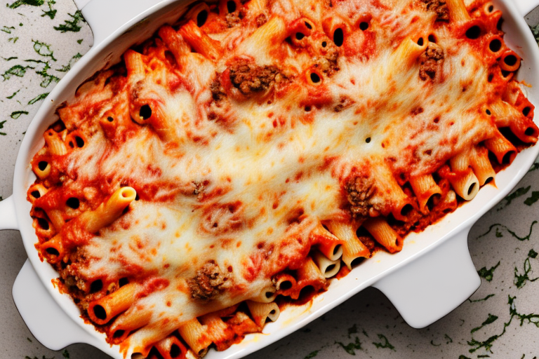 A casserole dish filled with cooked baked ziti