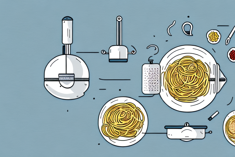A pasta maker with spaghetti carbonara being made