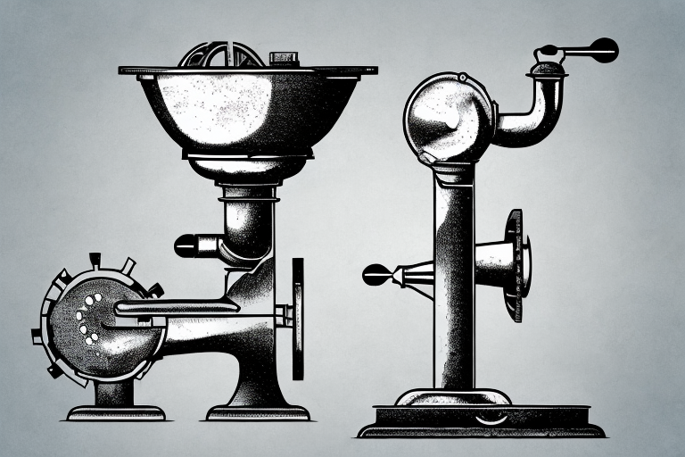 An antique meat grinder with its components in a step-by-step process of being restored