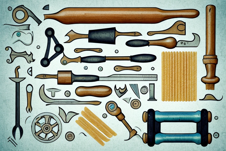 A vintage pasta roller with a few tools and supplies for restoring it