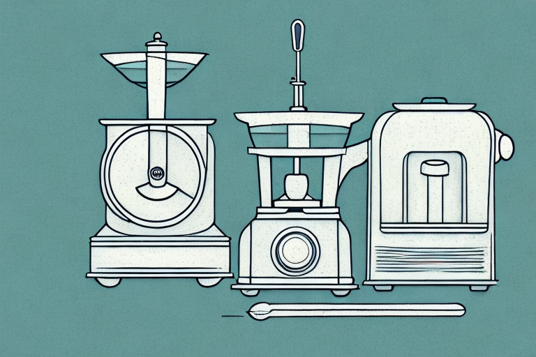A vintage food processor with a focus on its components and features