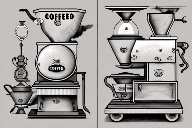 An old-fashioned coffee roaster with a step-by-step guide for restoring it