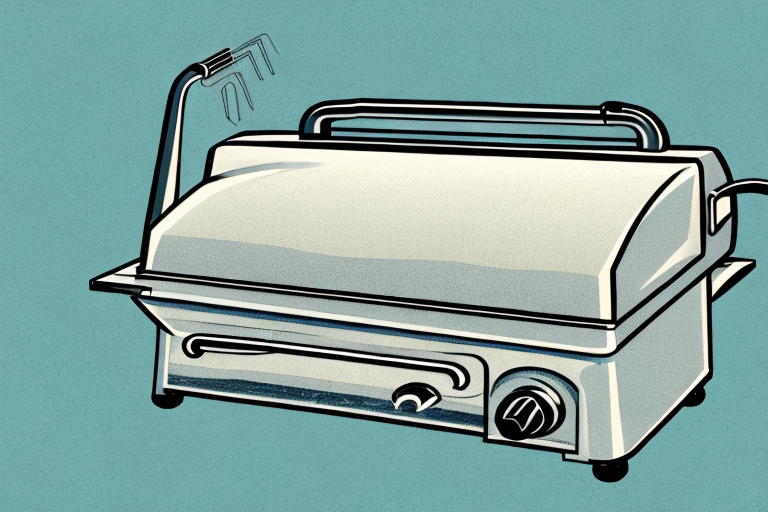 A vintage electric grill with a few tools and supplies around it