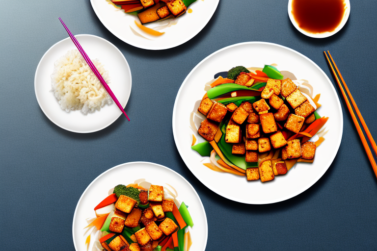 A plate of tofu stir-fry and a plate of general tso's chicken