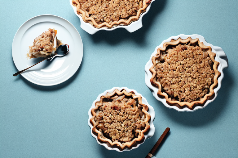 An apple crisp dish with a side-by-side comparison of a baking dish and a pie dish
