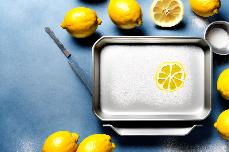 A lemon bar in a baking pan and a baking dish