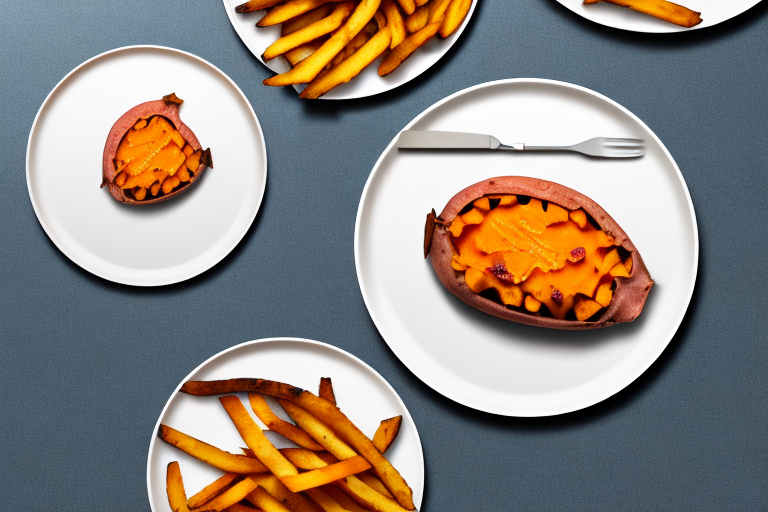 A plate with a side-by-side comparison of a baked sweet potato and french fries