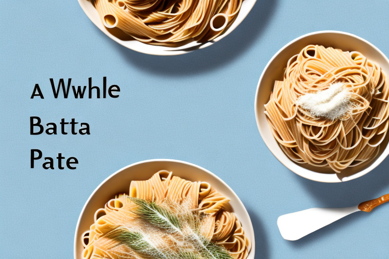 A bowl of whole wheat pasta and a bowl of regular pasta side-by-side