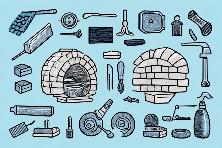 A brick oven with cleaning supplies and tools