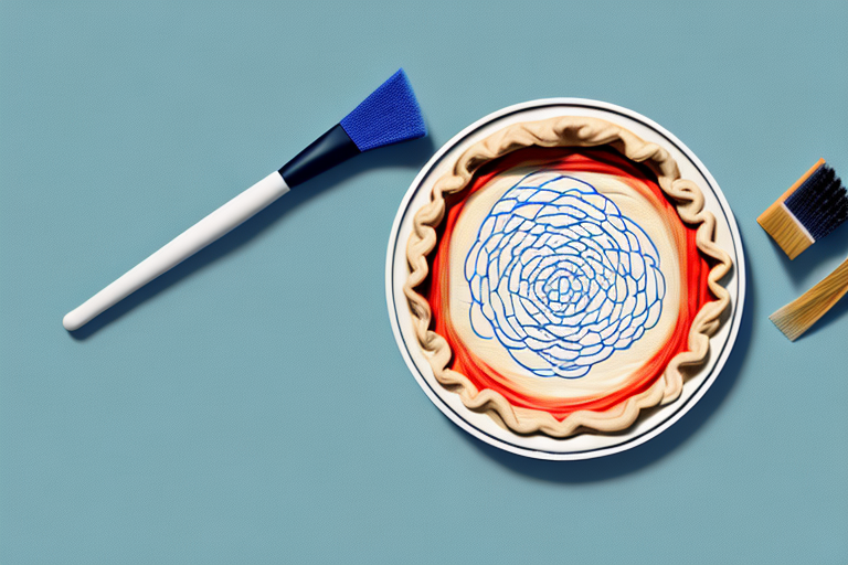 A ceramic pie dish with a cleaning brush and cloth