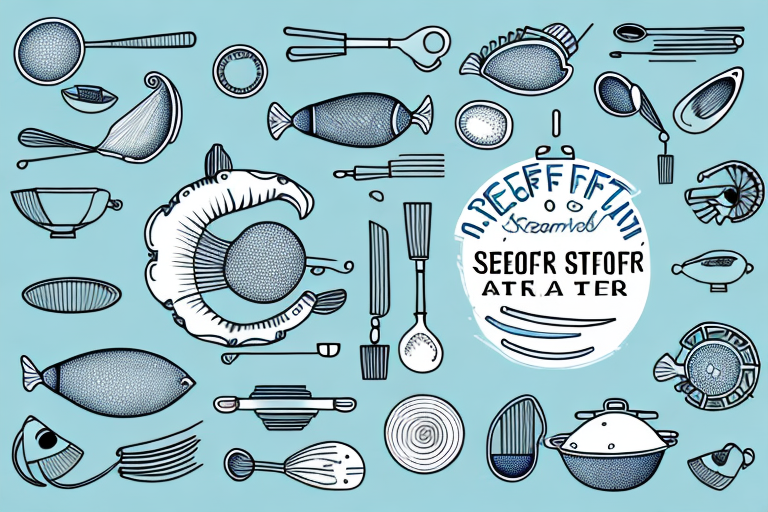 A seafood steamer with ingredients and utensils for cleaning and cooking