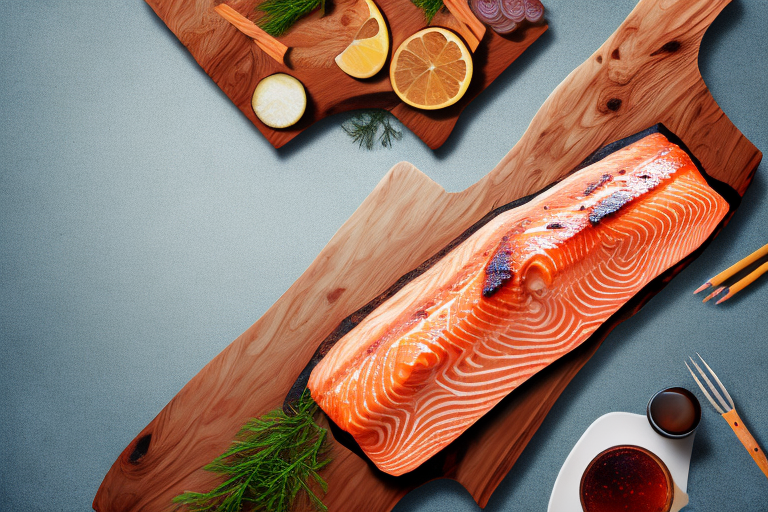 A cedar plank with salmon cooking on it